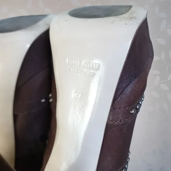 Miu Miu Stud Embellished Stiletto Heel Platform Ankle Boots Chocolate Brown 37
