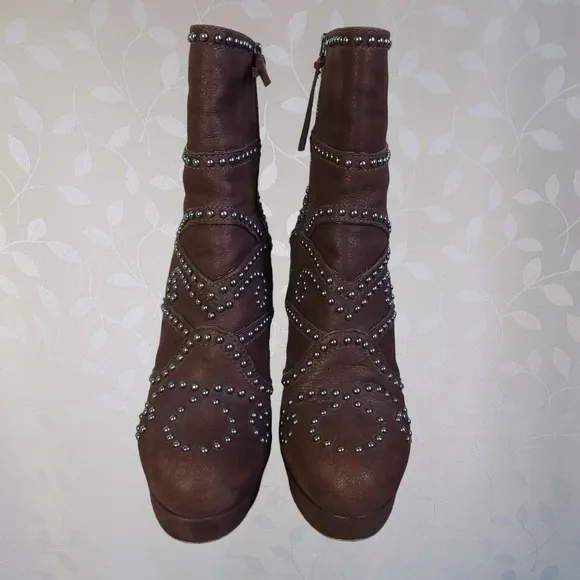Miu Miu Stud Embellished Stiletto Heel Platform Ankle Boots Chocolate Brown 37