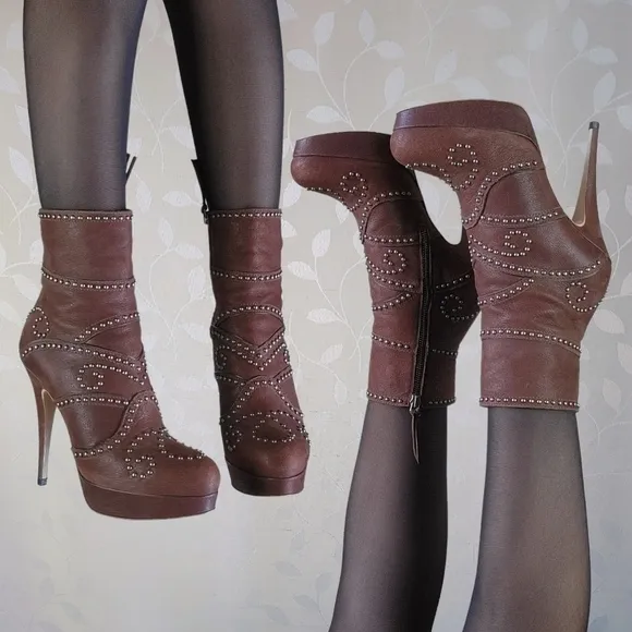 Miu Miu Stud Embellished Stiletto Heel Platform Ankle Boots Chocolate Brown 37
