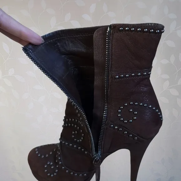 Miu Miu Stud Embellished Stiletto Heel Platform Ankle Boots Chocolate Brown 37