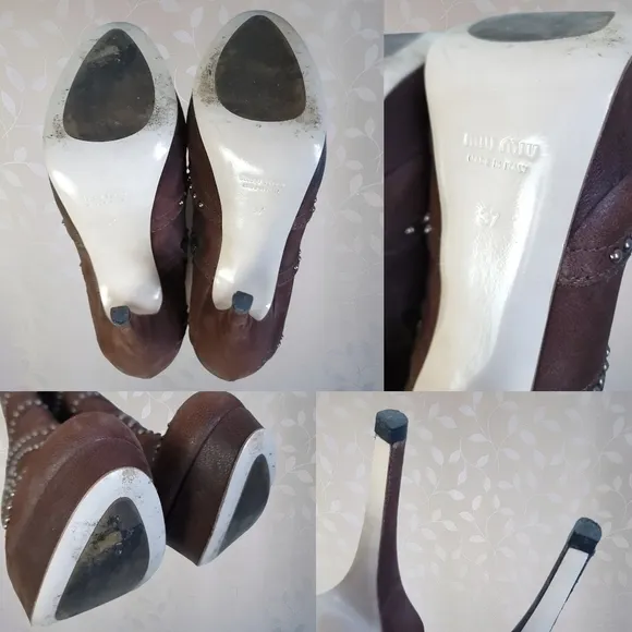 Miu Miu Stud Embellished Stiletto Heel Platform Ankle Boots Chocolate Brown 37