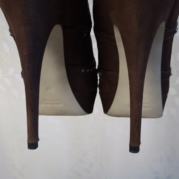 Miu Miu Stud Embellished Stiletto Heel Platform Ankle Boots Chocolate Brown 37