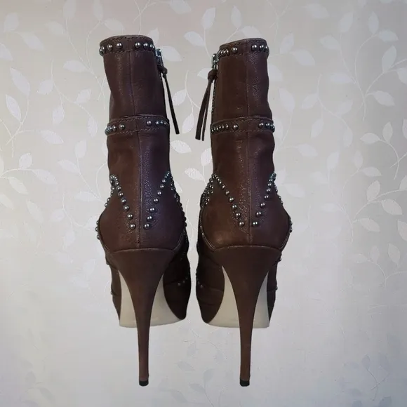 Miu Miu Stud Embellished Stiletto Heel Platform Ankle Boots Chocolate Brown 37