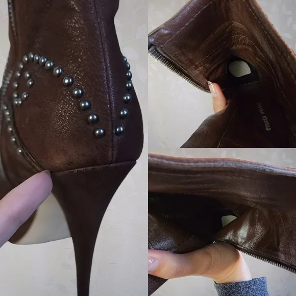 Miu Miu Stud Embellished Stiletto Heel Platform Ankle Boots Chocolate Brown 37