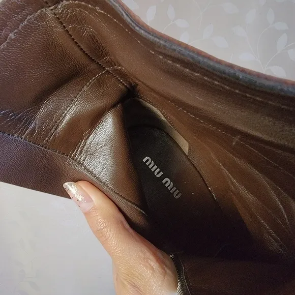 Miu Miu Stud Embellished Stiletto Heel Platform Ankle Boots Chocolate Brown 37