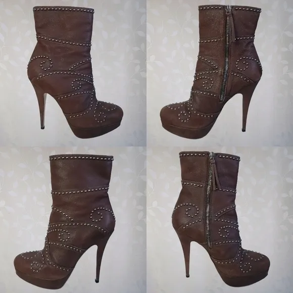 Miu Miu Stud Embellished Stiletto Heel Platform Ankle Boots Chocolate Brown 37