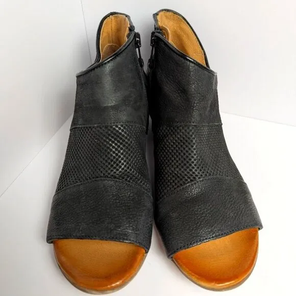 Miz Mooz Clermont Perforated Black Leather Peep Toe Ankle Boots Womens 38 EU 7.5