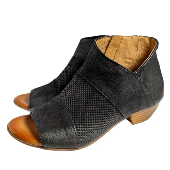 Miz Mooz Clermont Perforated Black Leather Peep Toe Ankle Boots Womens 38 EU 7.5