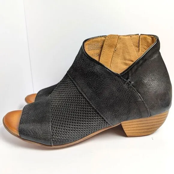 Miz Mooz Clermont Perforated Black Leather Peep Toe Ankle Boots Womens 38 EU 7.5