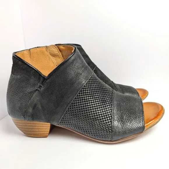 Miz Mooz Clermont Perforated Black Leather Peep Toe Ankle Boots Womens 38 EU 7.5