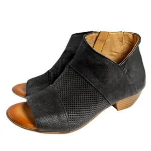 Miz Mooz Clermont Perforated Black Leather Peep Toe Ankle Boots Womens 38 EU 7.5