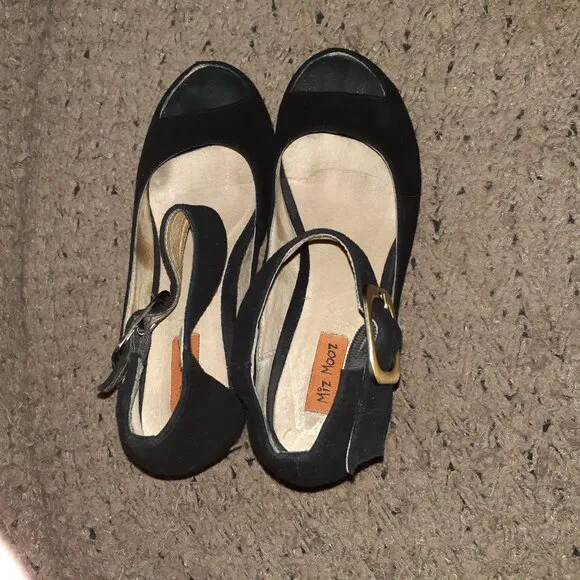 MIZ MOOZ-Natalie-Black Suede Hidden Wedge-Ankle Wrap-Peep Toe-Sz 6.5-Excellent
