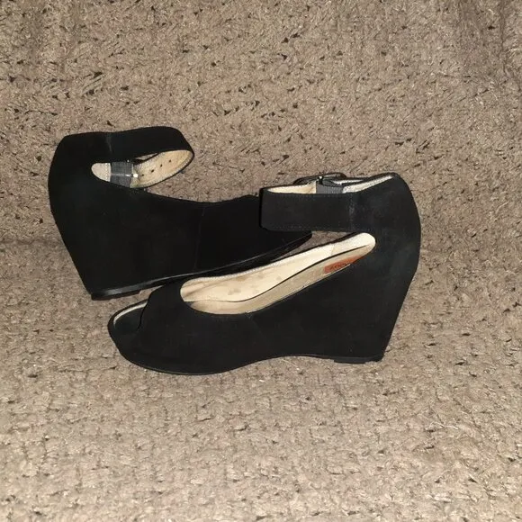MIZ MOOZ-Natalie-Black Suede Hidden Wedge-Ankle Wrap-Peep Toe-Sz 6.5-Excellent