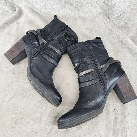 Mjus Shoes Womens Size 10 Black Leather Buckle Block Heel Boots Italy