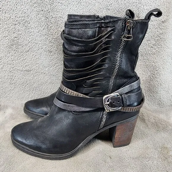 Mjus Shoes Womens Size 10 Black Leather Buckle Block Heel Boots Italy
