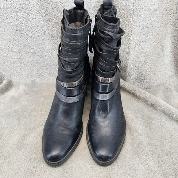 Mjus Shoes Womens Size 10 Black Leather Buckle Block Heel Boots Italy