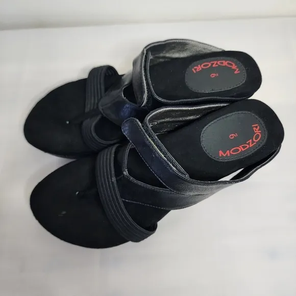 Modzori Womens Shoes Black  Leather Hook And Loop Toe Thong Wedge Sandals Size 9