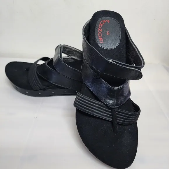 Modzori Womens Shoes Black  Leather Hook And Loop Toe Thong Wedge Sandals Size 9