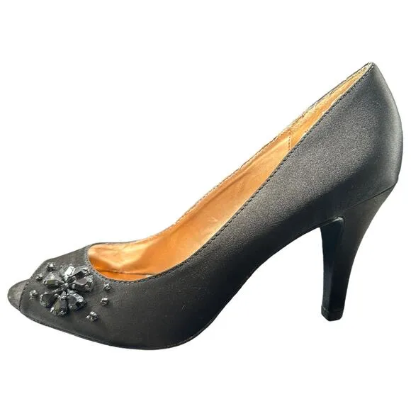 Mootsies Tootsies Women's Black Satin Peep Toe Pump Heel Shoes Size 8