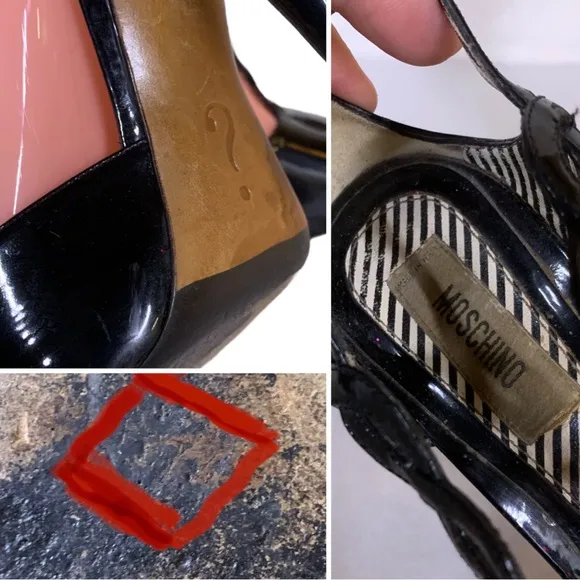 MOSCHINO BLACK PATENT LEATHER T-STRAP PEEP TOE HEELS (37)