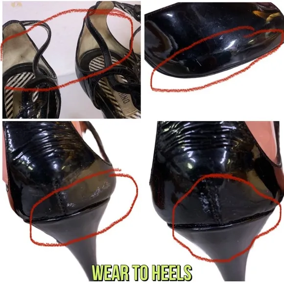 MOSCHINO BLACK PATENT LEATHER T-STRAP PEEP TOE HEELS (37)