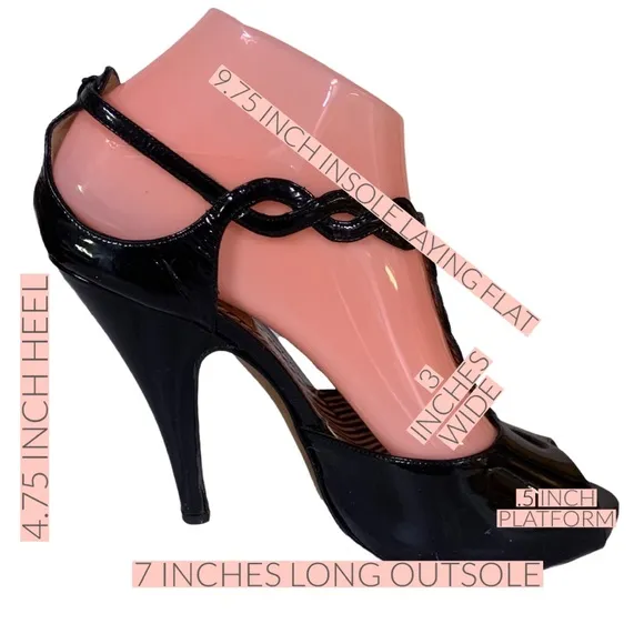 MOSCHINO BLACK PATENT LEATHER T-STRAP PEEP TOE HEELS (37)
