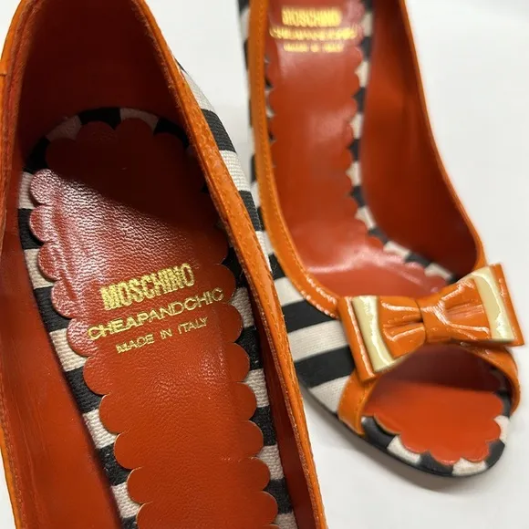 Moschino High Heels Heeled Shoes Peep Toe Bow Striped Black White Orange Size 8