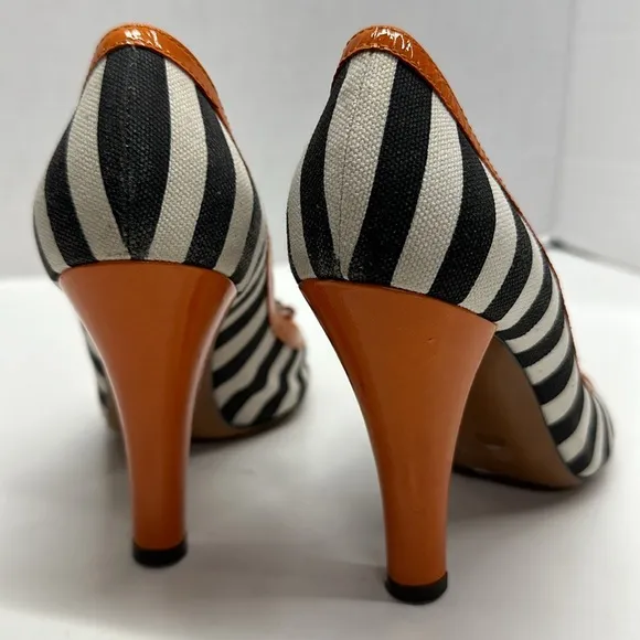Moschino High Heels Heeled Shoes Peep Toe Bow Striped Black White Orange Size 8