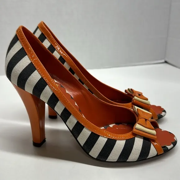 Moschino High Heels Heeled Shoes Peep Toe Bow Striped Black White Orange Size 8