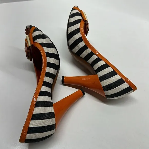 Moschino High Heels Heeled Shoes Peep Toe Bow Striped Black White Orange Size 8