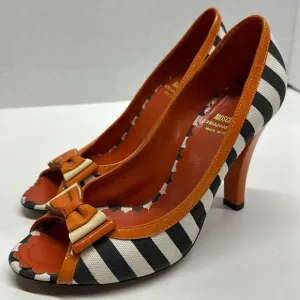 Moschino High Heels Heeled Shoes Peep Toe Bow Striped Black White Orange Size 8