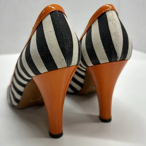 Moschino High Heels Heeled Shoes Peep Toe Bow Striped Black White Orange Size 8