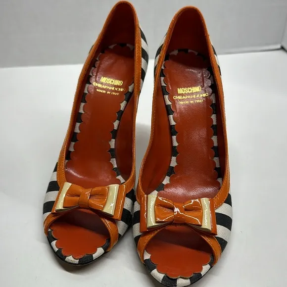 Moschino High Heels Heeled Shoes Peep Toe Bow Striped Black White Orange Size 8