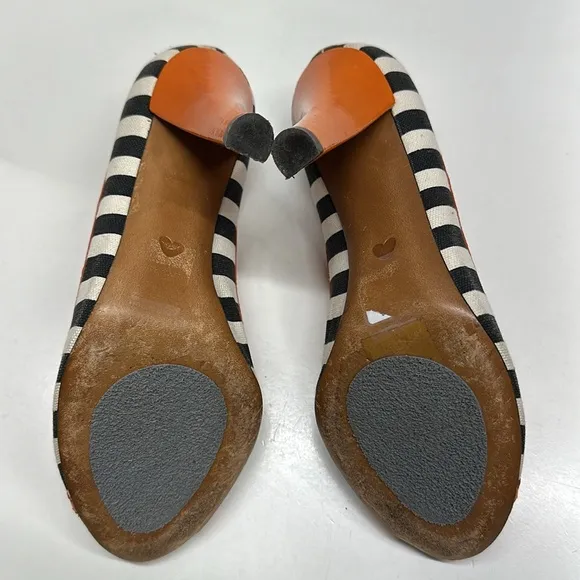 Moschino High Heels Heeled Shoes Peep Toe Bow Striped Black White Orange Size 8