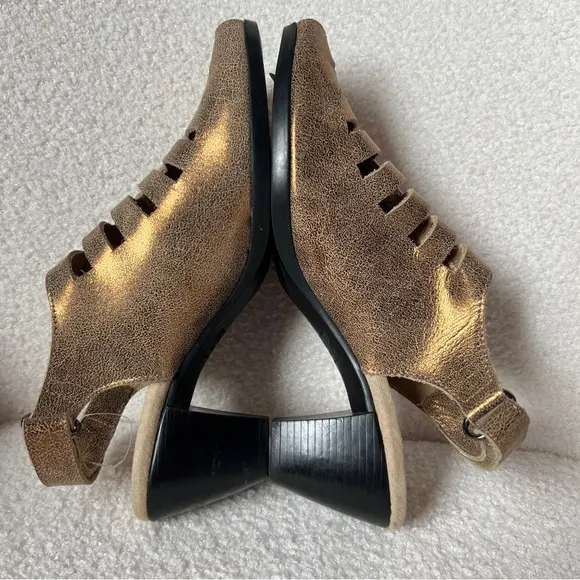 Munro Abby Peep Toe Slingback Sandals Tan Gold Leather Stacked Heel Women's 7.5