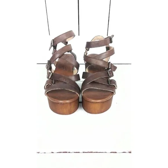 Musse and Cloud open toe platform brown leather sandal high heel