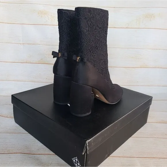 Nanette Lepore Linette Satin Lace Round Toe Block Heel Boots Black Size 7 1/2