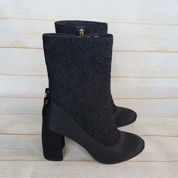 Nanette Lepore Linette Satin Lace Round Toe Block Heel Boots Black Size 7 1/2