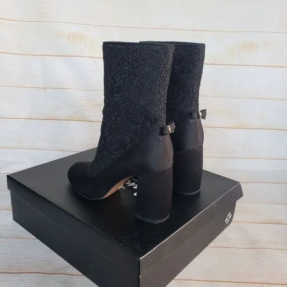 Nanette Lepore Linette Satin Lace Round Toe Block Heel Boots Black Size 7 1/2
