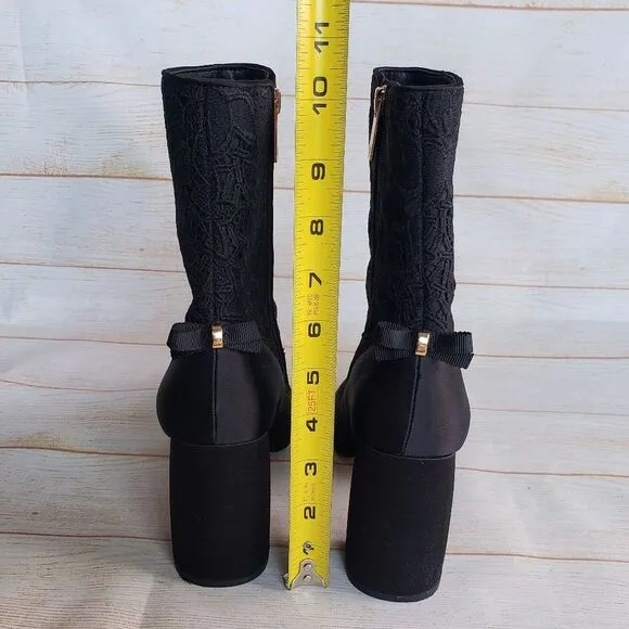 Nanette Lepore Linette Satin Lace Round Toe Block Heel Boots Black Size 7 1/2