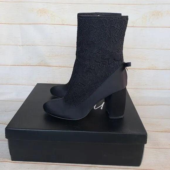 Nanette Lepore Linette Satin Lace Round Toe Block Heel Boots Black Size 7 1/2