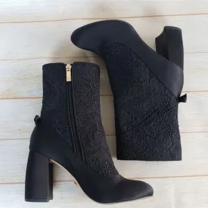 Nanette Lepore Linette Satin Lace Round Toe Block Heel Boots Black Size 7 1/2