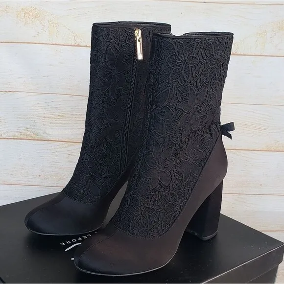 Nanette Lepore Linette Satin Lace Round Toe Block Heel Boots Black Size 7 1/2