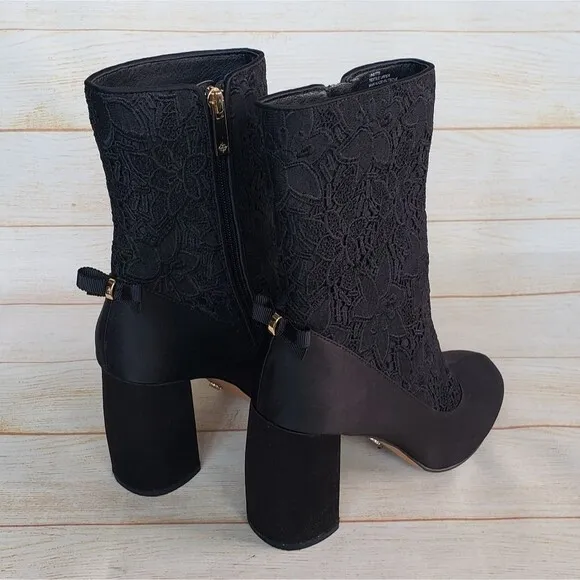 Nanette Lepore Linette Satin Lace Round Toe Block Heel Boots Black Size 7 1/2