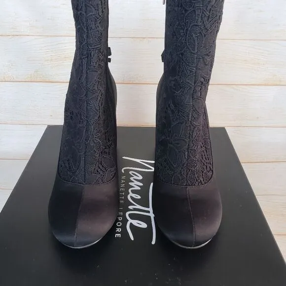 Nanette Lepore Linette Satin Lace Round Toe Block Heel Boots Black Size 7 1/2