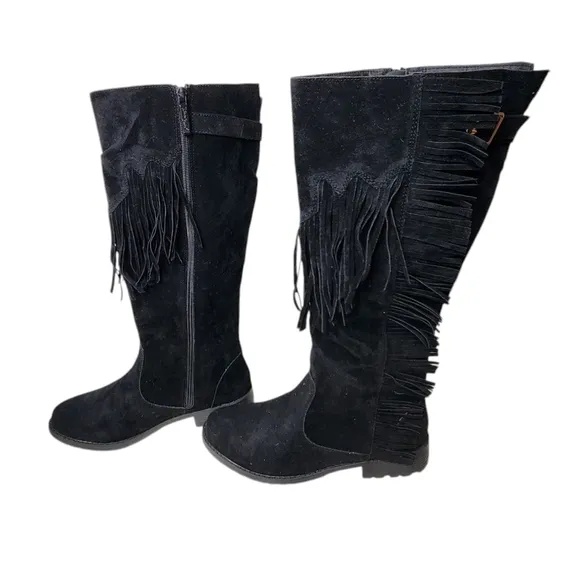 NATURE BREEZE Riley-01 Boots Tall Black Suede Inside Zip Fringe Gold Buckle NWB