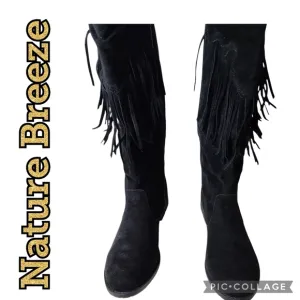 NATURE BREEZE Riley-01 Boots Tall Black Suede Inside Zip Fringe Gold Buckle NWB