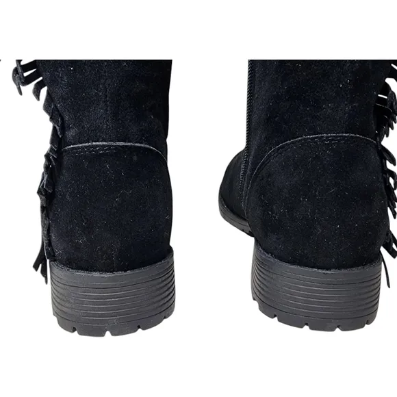 NATURE BREEZE Riley-01 Boots Tall Black Suede Inside Zip Fringe Gold Buckle NWB