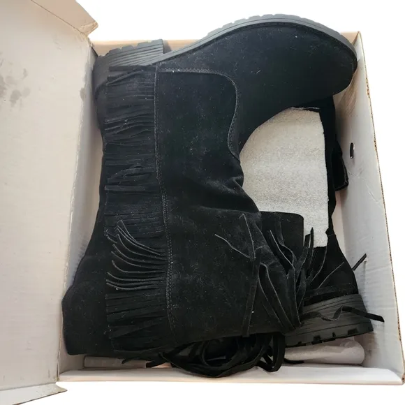 NATURE BREEZE Riley-01 Boots Tall Black Suede Inside Zip Fringe Gold Buckle NWB
