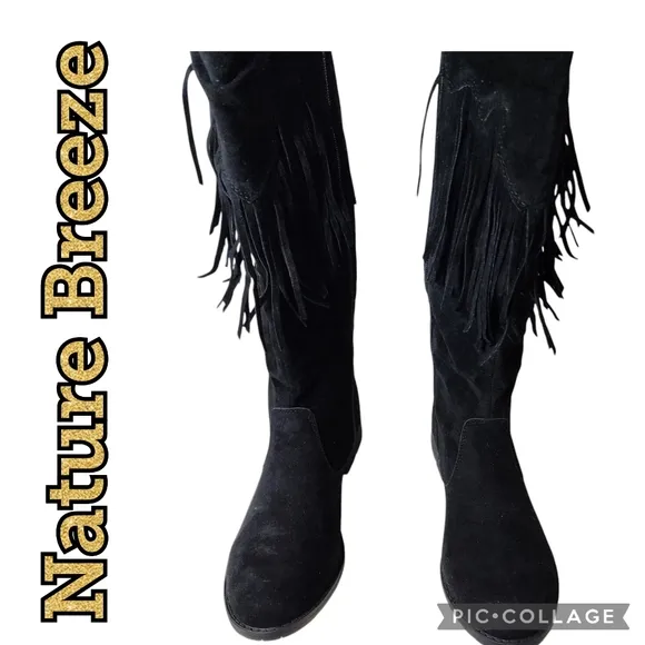 NATURE BREEZE Riley-01 Boots Tall Black Suede Inside Zip Fringe Gold Buckle NWB